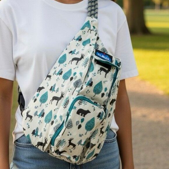 KAVU Mini Rope Bag Cozy Den Forest Animal Print Canvas Crossbody Sling NWT - Picture 1 of 7
